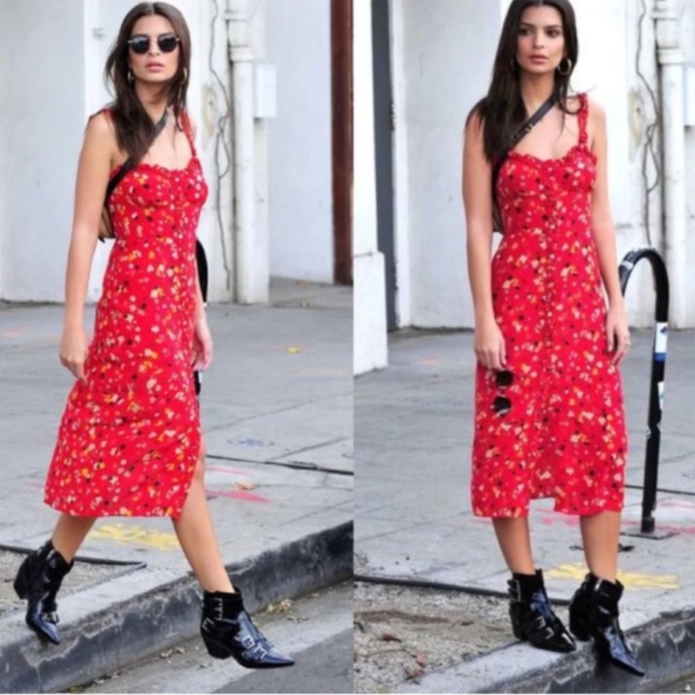 Realisation Par The Juliet Button Front Silk Midi Floral Dress Rouge Fleur - Picture 5 of 12